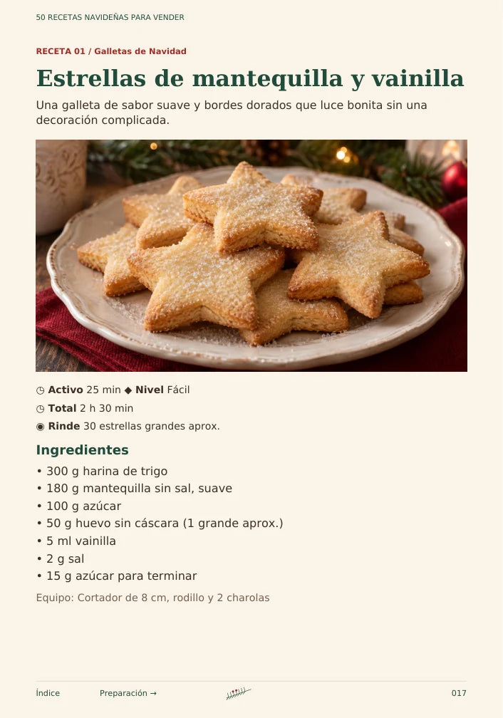 Página real de ingredientes de Estrellas de mantequilla y vainilla; la preparación está en otra página del eBook